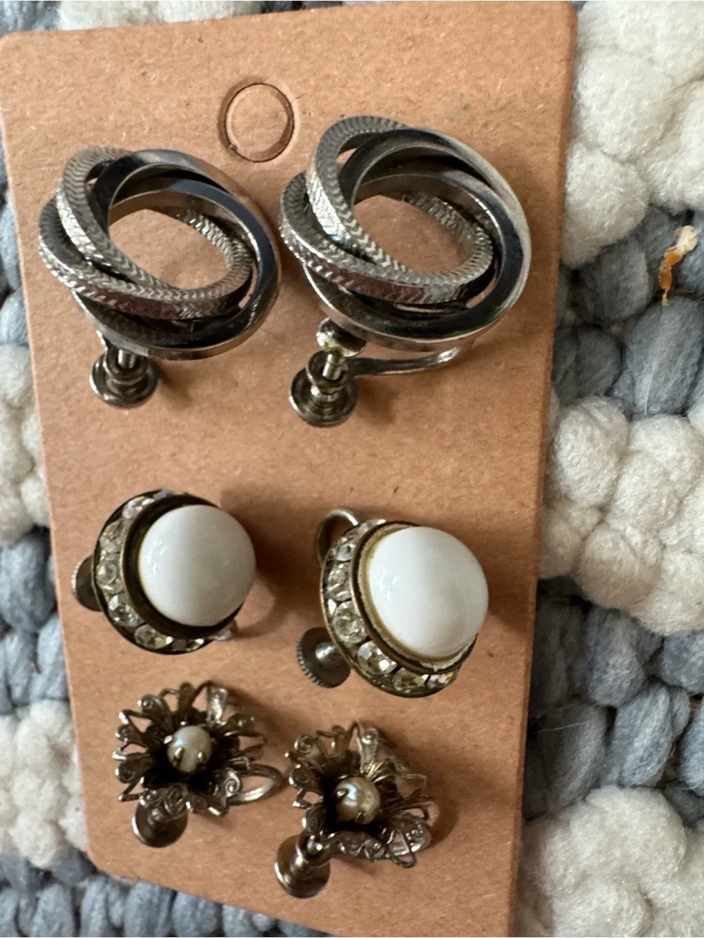 Vintage Screw Back Clip-On Earring Lot | 3 Pairs | Mid Century White Lucite Rhin
